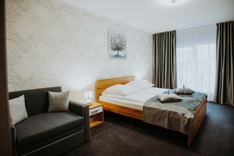 A hotel room in Sibiu with a bed and a couch.