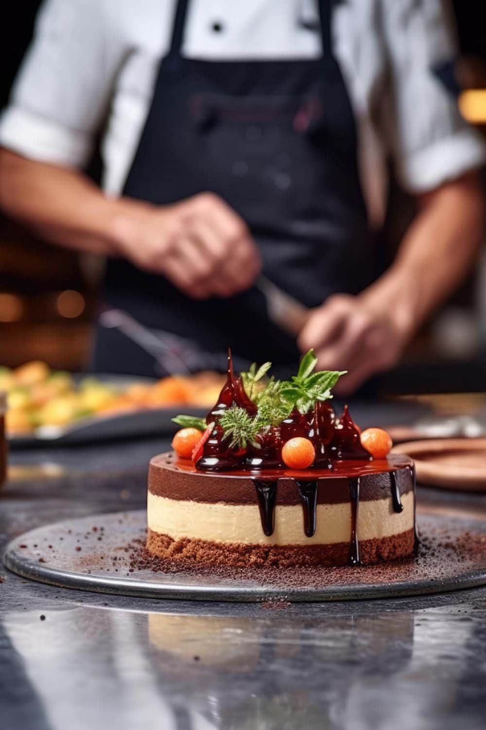 A chef is preparing a cake in a kitchen at a hotel in Cisnadie with rezervare.