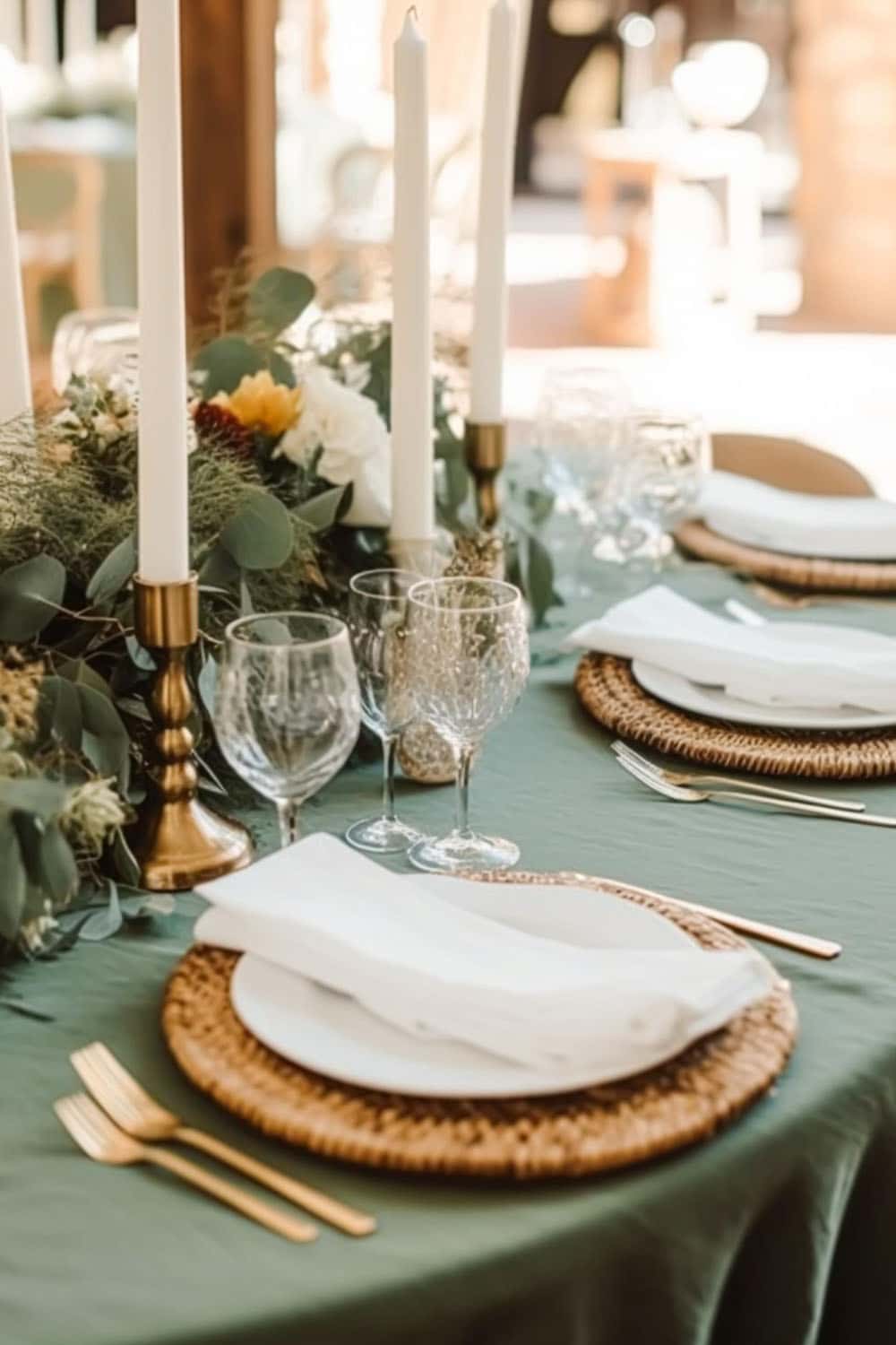 A green table setting with candles and eucalyptus in Sibiu.