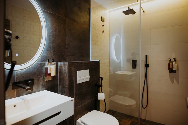 A hotel bathroom with a toilet, sink, and shower in Cisnadie.