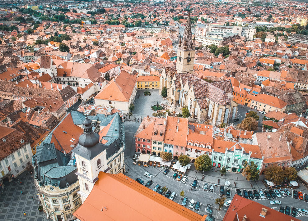 An aerial view of Cisnadie, Romania.