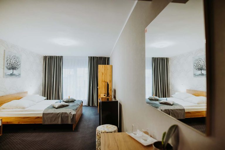 Cazare in Cisnadie cu rezervare: o camera de hotel cu doua paturi si un oglinda.