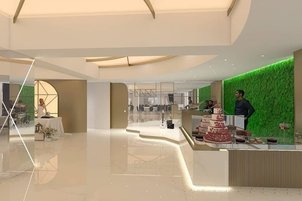 A rendering of the hotel lobby.