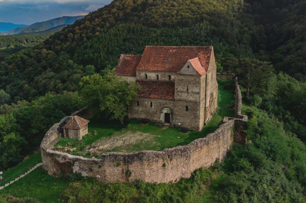 An aerial view of an old castle in Sibiu.